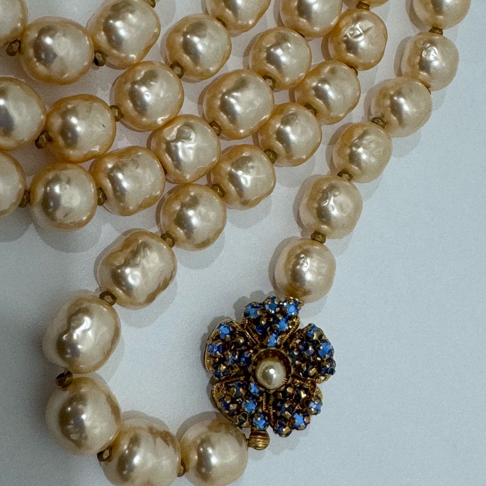 Sign Miriam Haskell Large Pearls Tiny Blue Rhines… - image 1